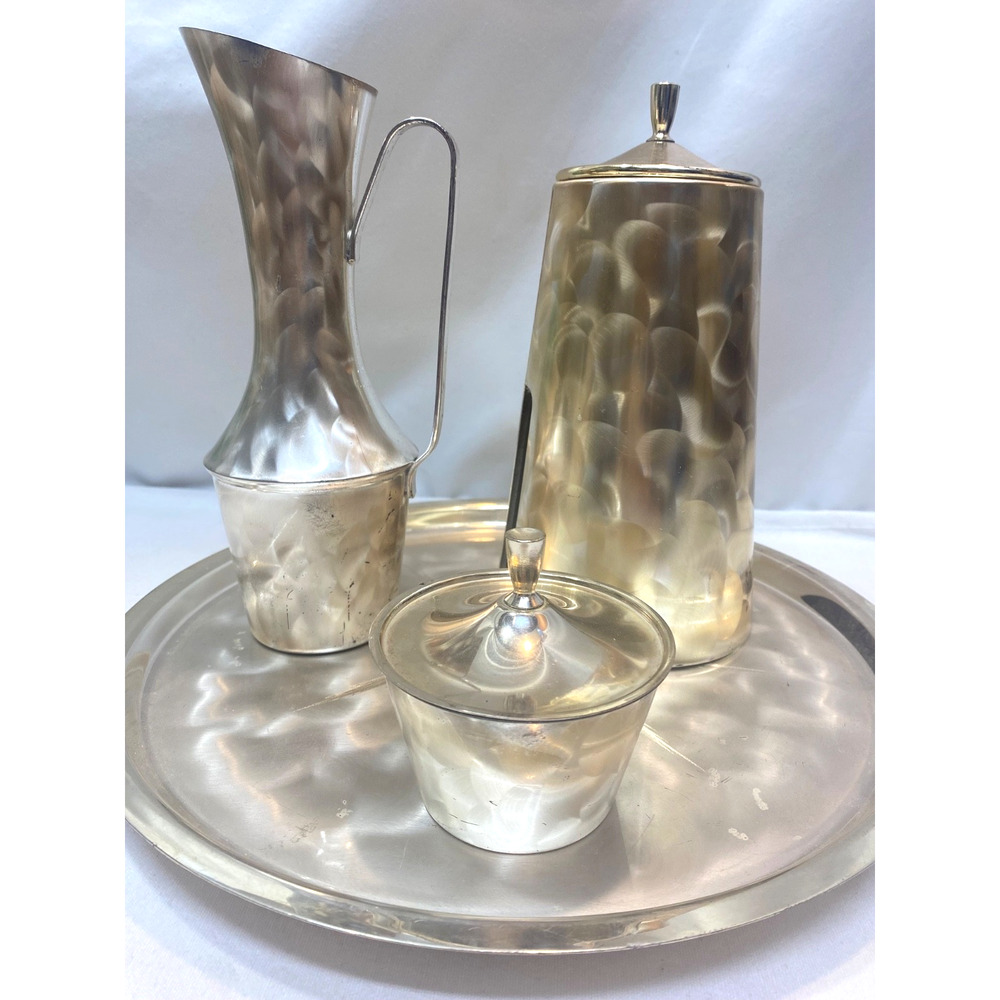 Mid Century Brushed Aluminum Sea Service Set on Tray No teapot